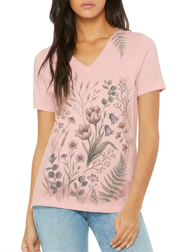 Women's Botanical Nature Lover Tulip Fern Printed V-neck T-shirt