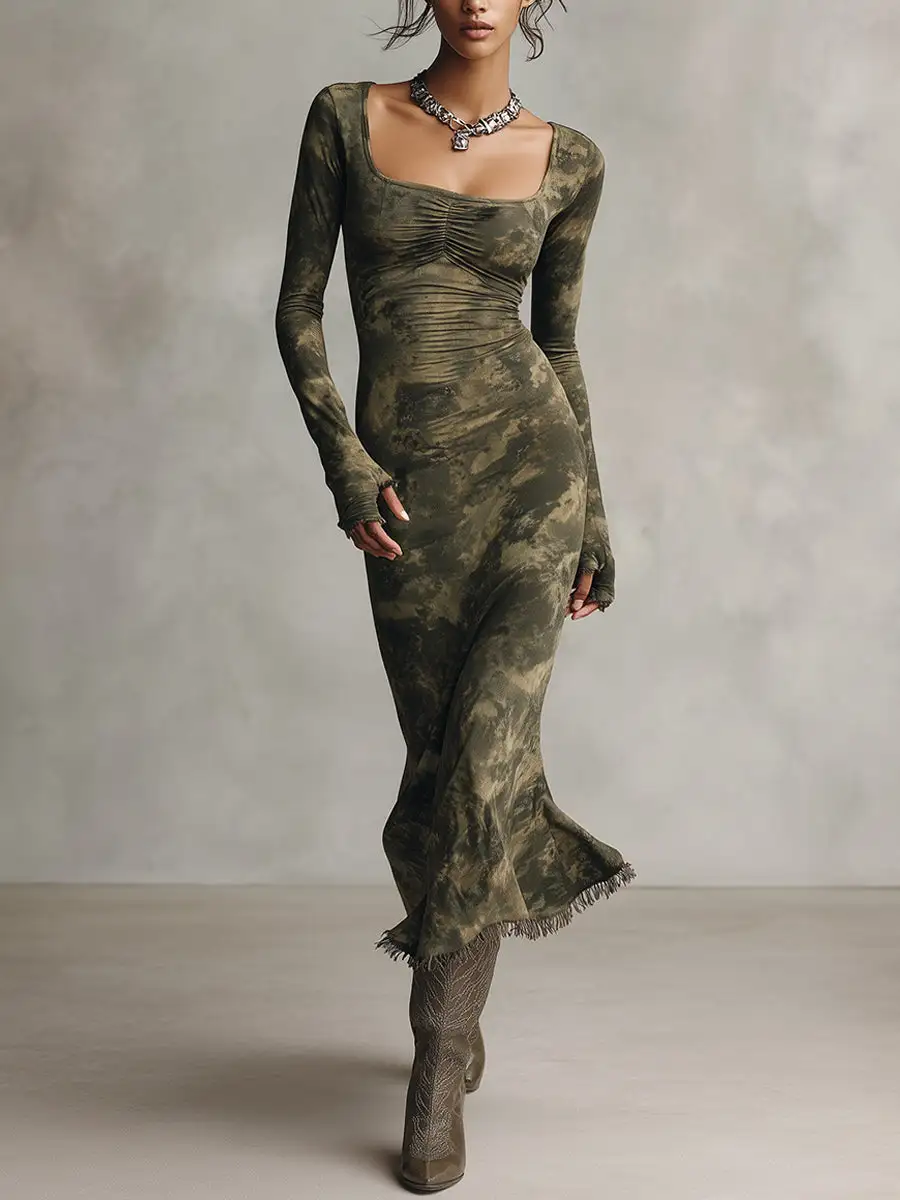 Olive Tie-Dye Ruched Square Neck Fringe Hem Midi Dress