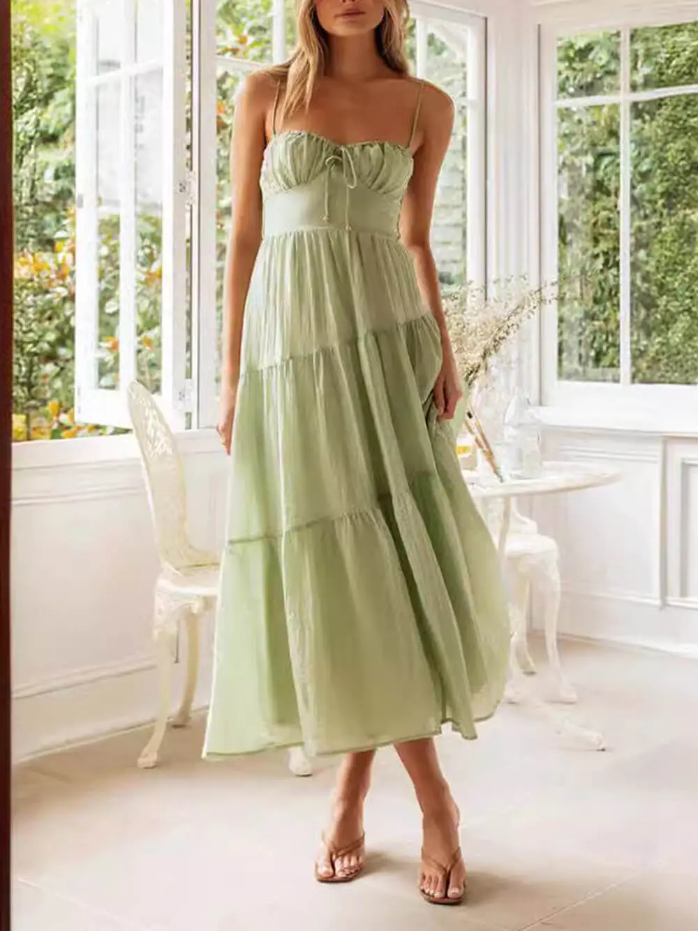 Open Back Lace Up Sleeveless Patchwork Midi Dress