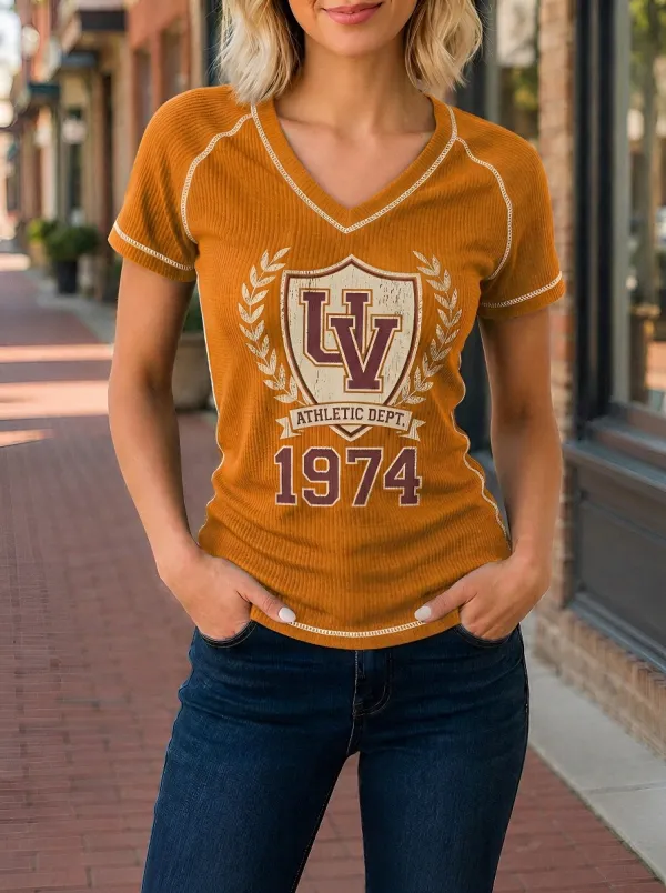 Women's Vintage Athletic Dept 1974 Shield Printed V-Neck T-Shirt
