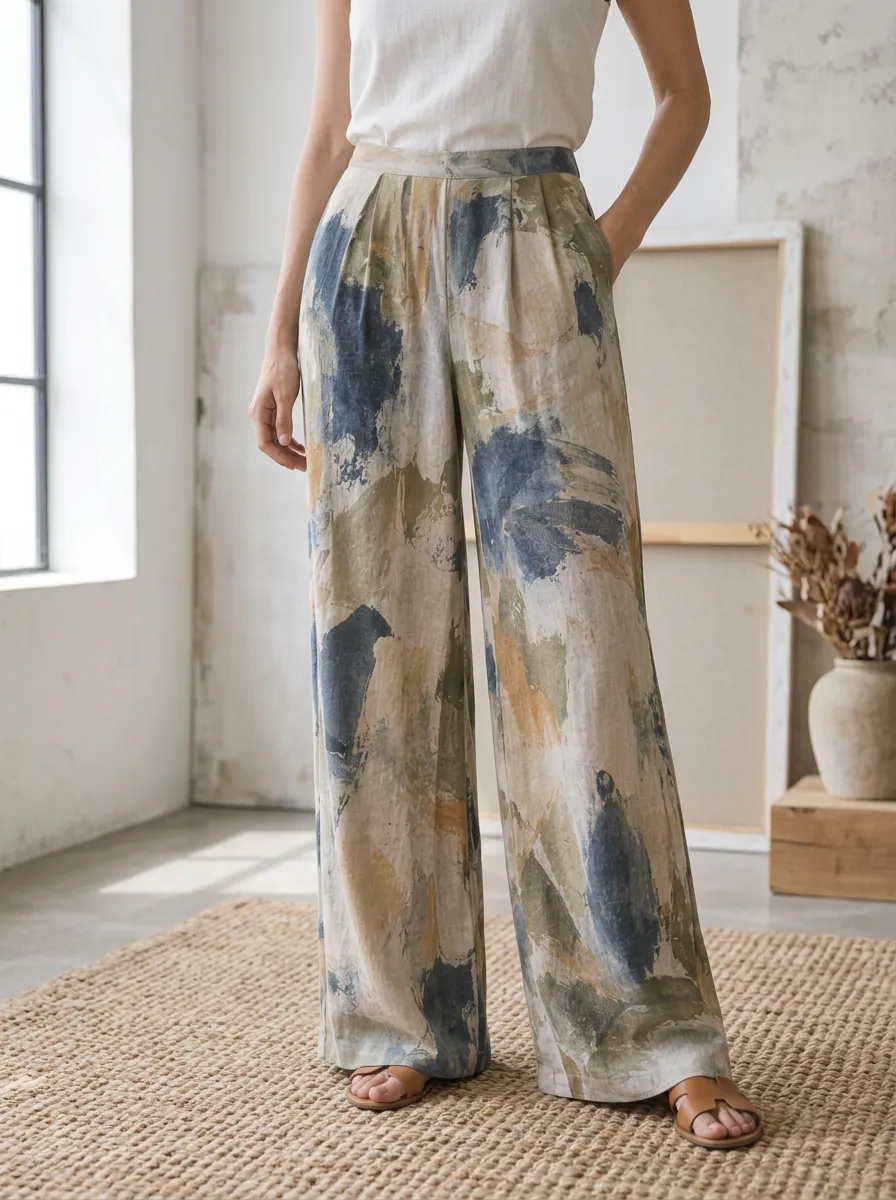 Women's Modern Abstract Art Brushstroke Printed Wide Leg Pants
