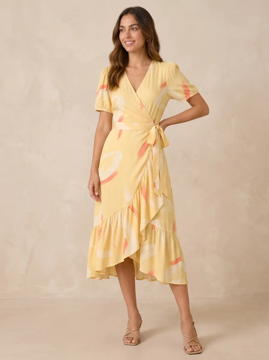 Women's Summer Casual Yellow Abstract Brushstroke Printed Wrap Dress