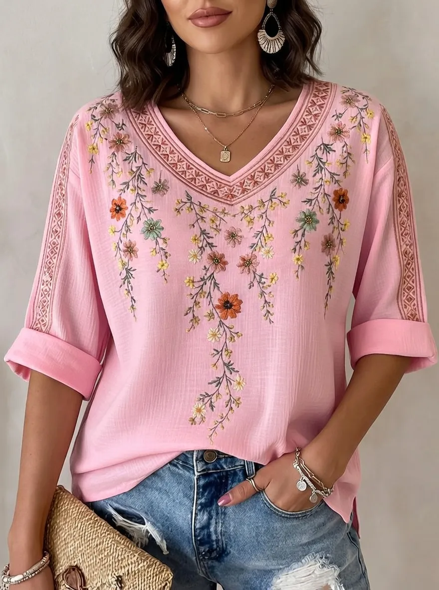 Women's Floral Boho V-Neck Embroidered Printed Short Sleeve T-Shirt