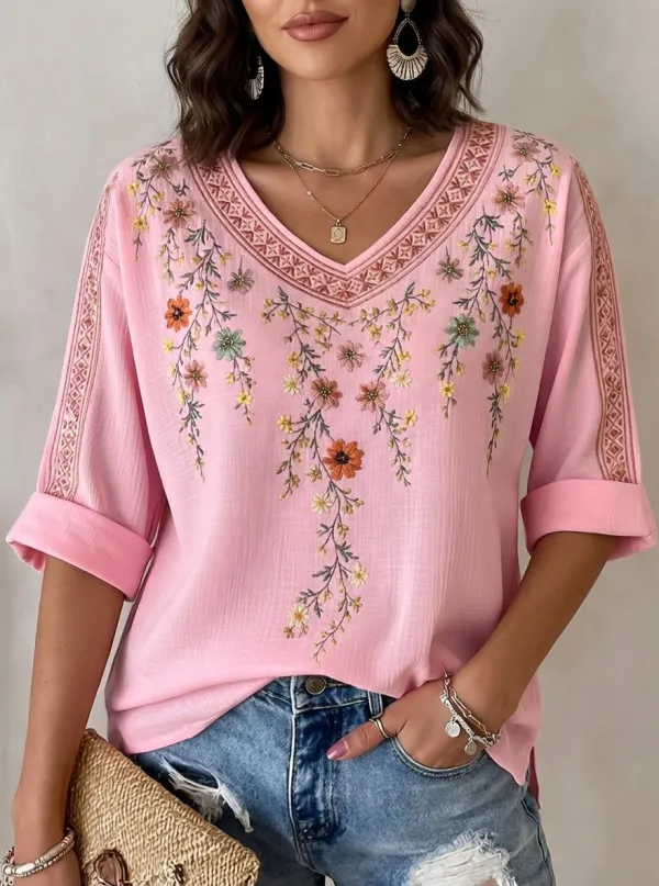 Women's Floral Boho V-Neck Embroidered Printed Short Sleeve T-Shirt