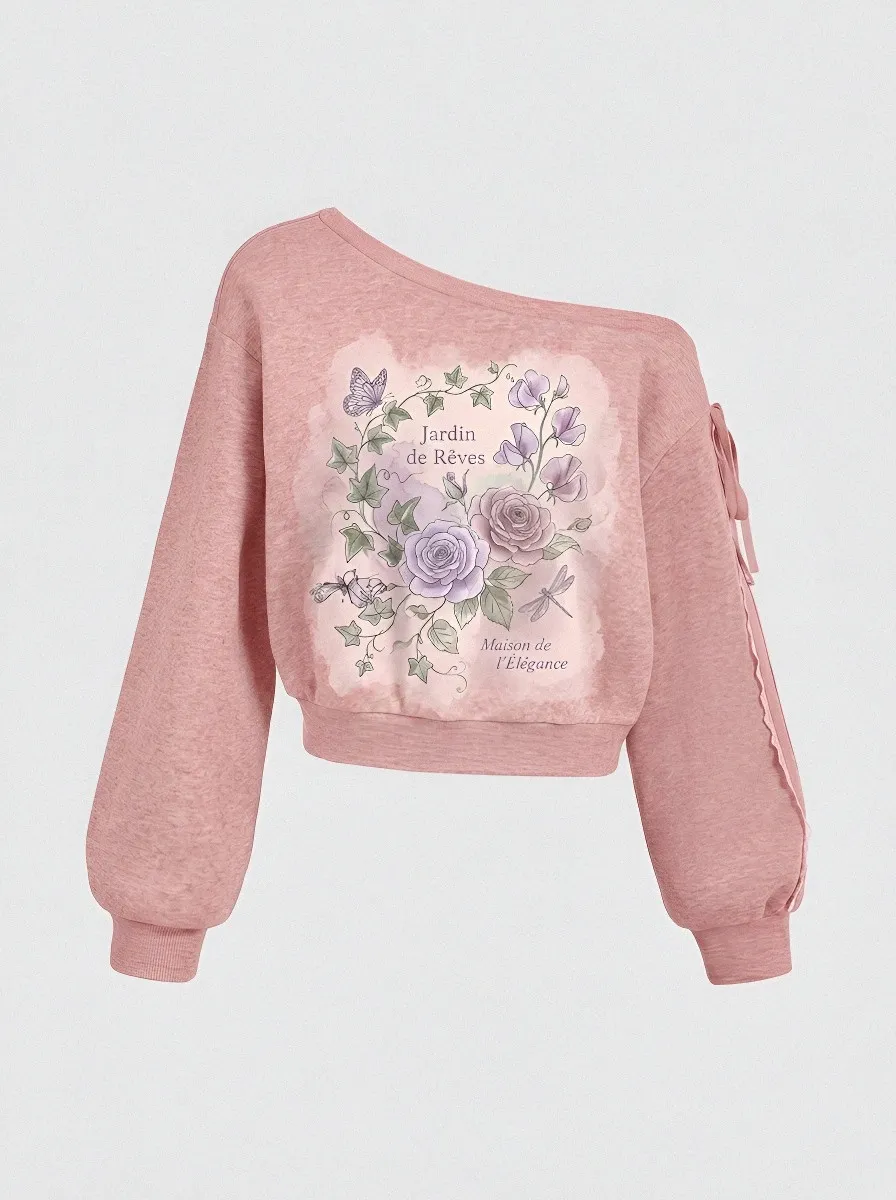 Women's Floral Garden Butterfly Printed One-Shoulder Sweatshirt