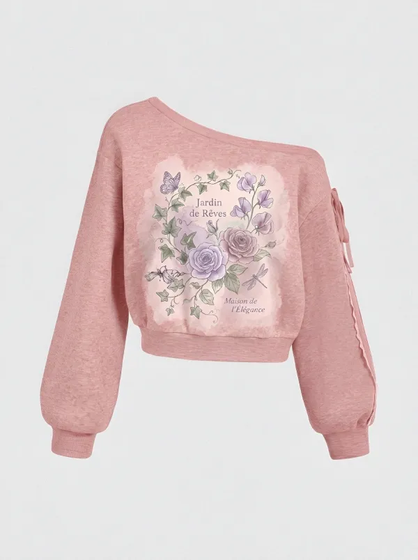 Women's Floral Garden Butterfly Printed One-Shoulder Sweatshirt
