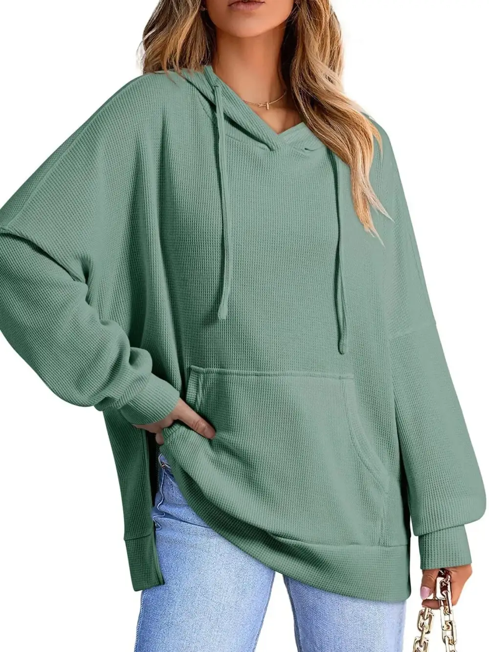 Tailored Drawstring Pocketed Waffle-Textured Knit Hoodie