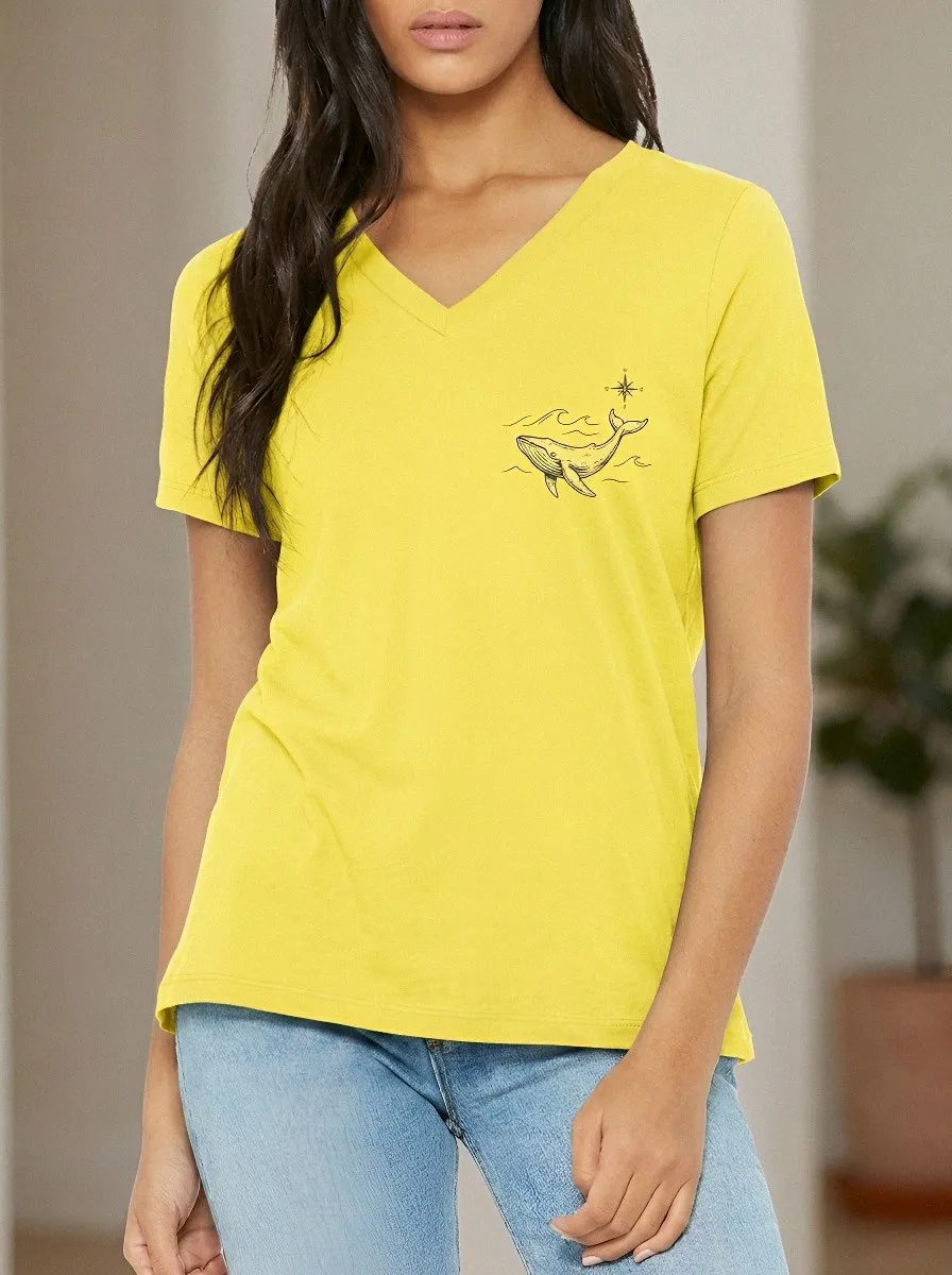 Women's Ocean Lover Whale Compass Printed V-Neck T-Shirt