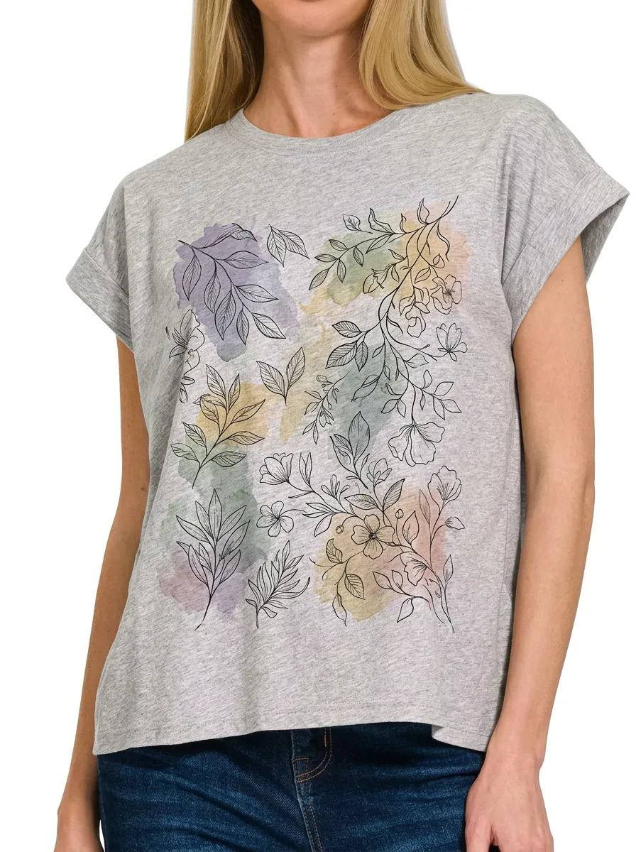 Women's Botanical Nature Lover Watercolor Floral Printed T-shirt