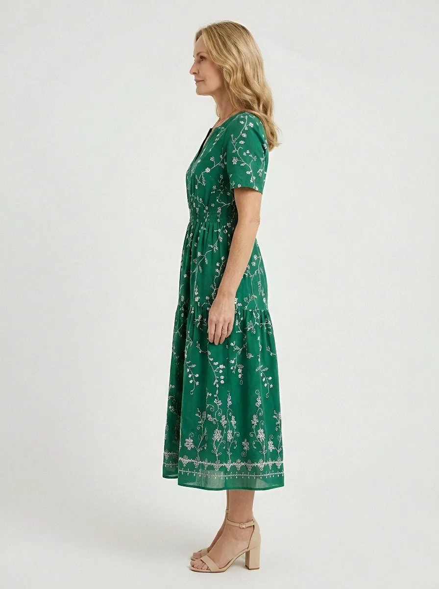 Women's Summer Vacation White Floral Green Printed Midi Dress