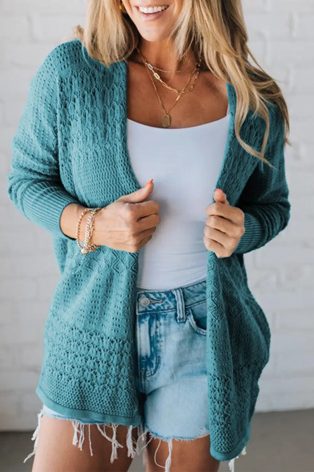 Mix Pattern Openwork Knit Open Front Cardigan