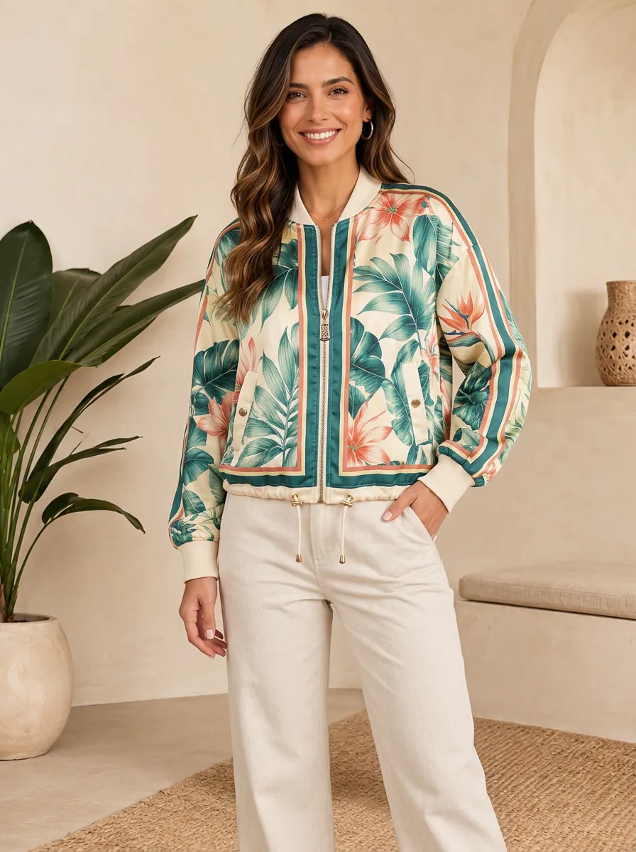 Women's Tropical Botanical Floral Bomber Jacket