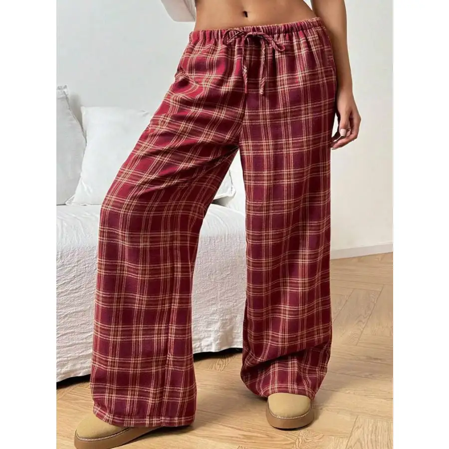 Classic Plaid Drawstring Wide Leg Pants