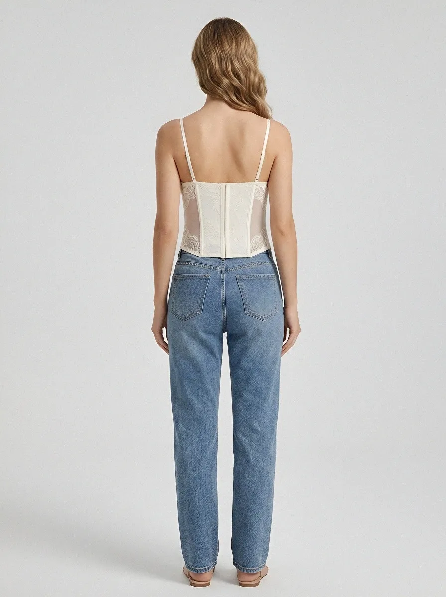 Floral Lace-Trim Button-Front Women's Corset Top