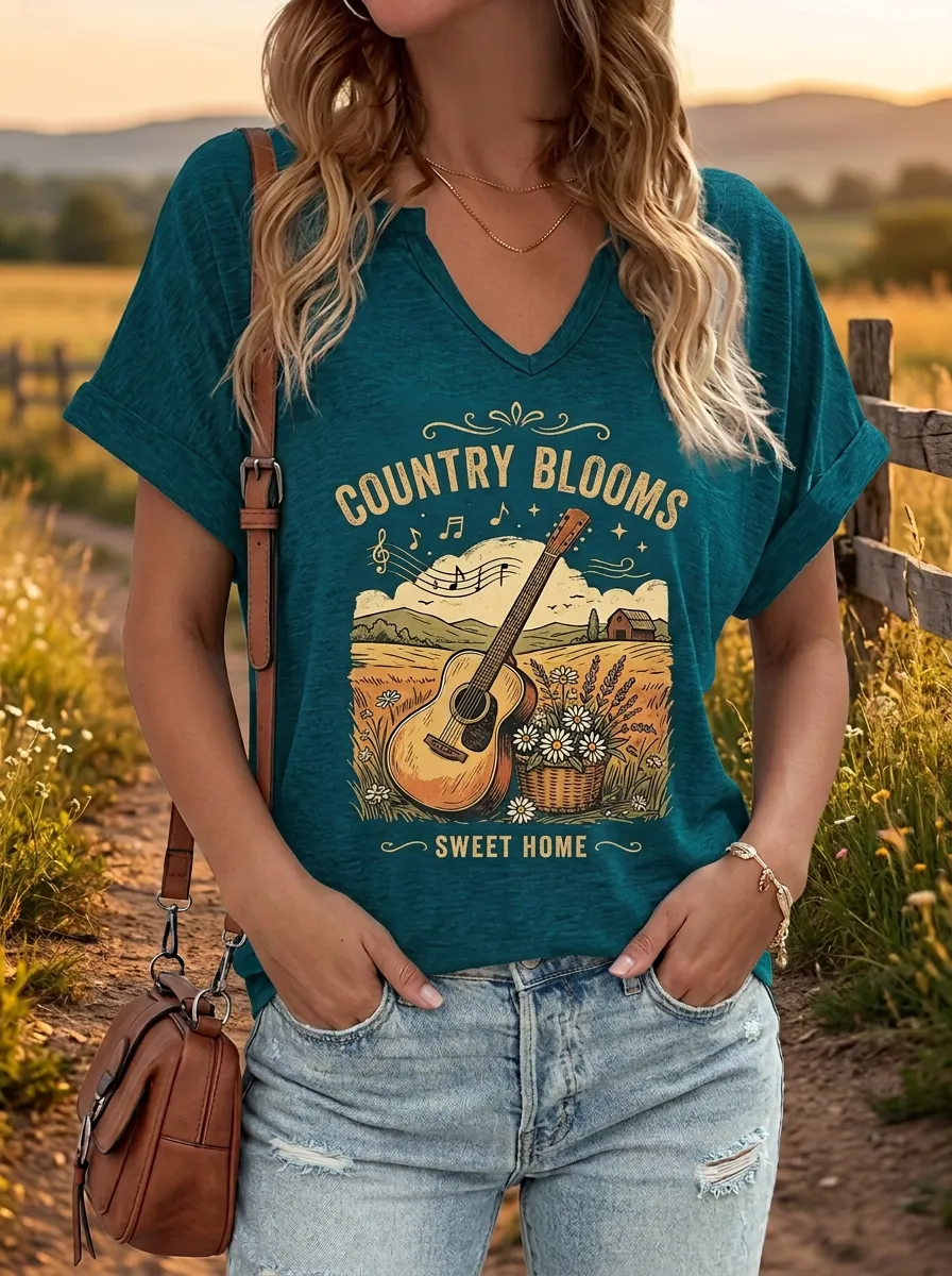 Rustic Guitar Floral Women's Country Music V-Neck T-Shirt