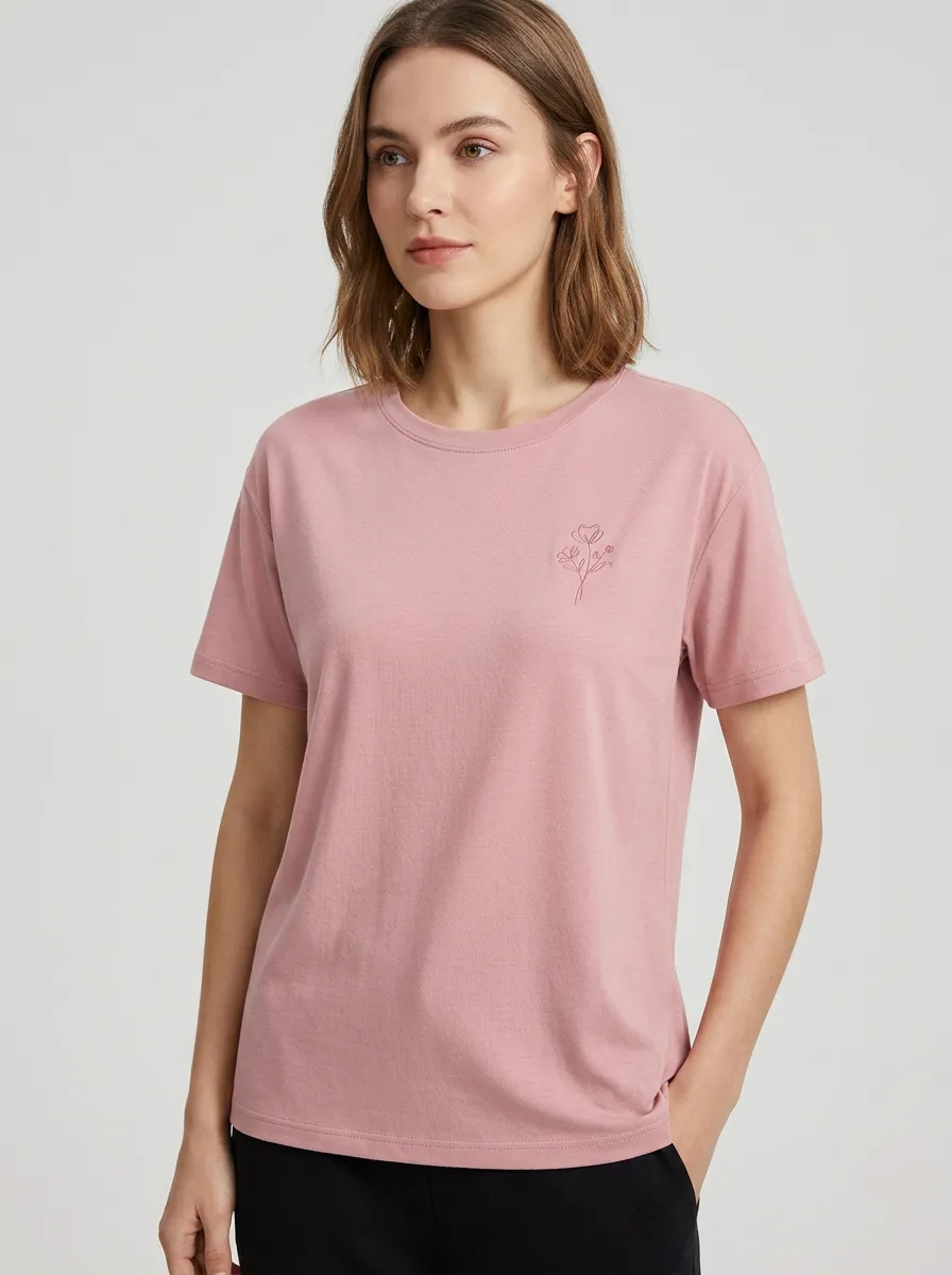 Women's Minimalist Floral Line Art Printed Pink T-shirt