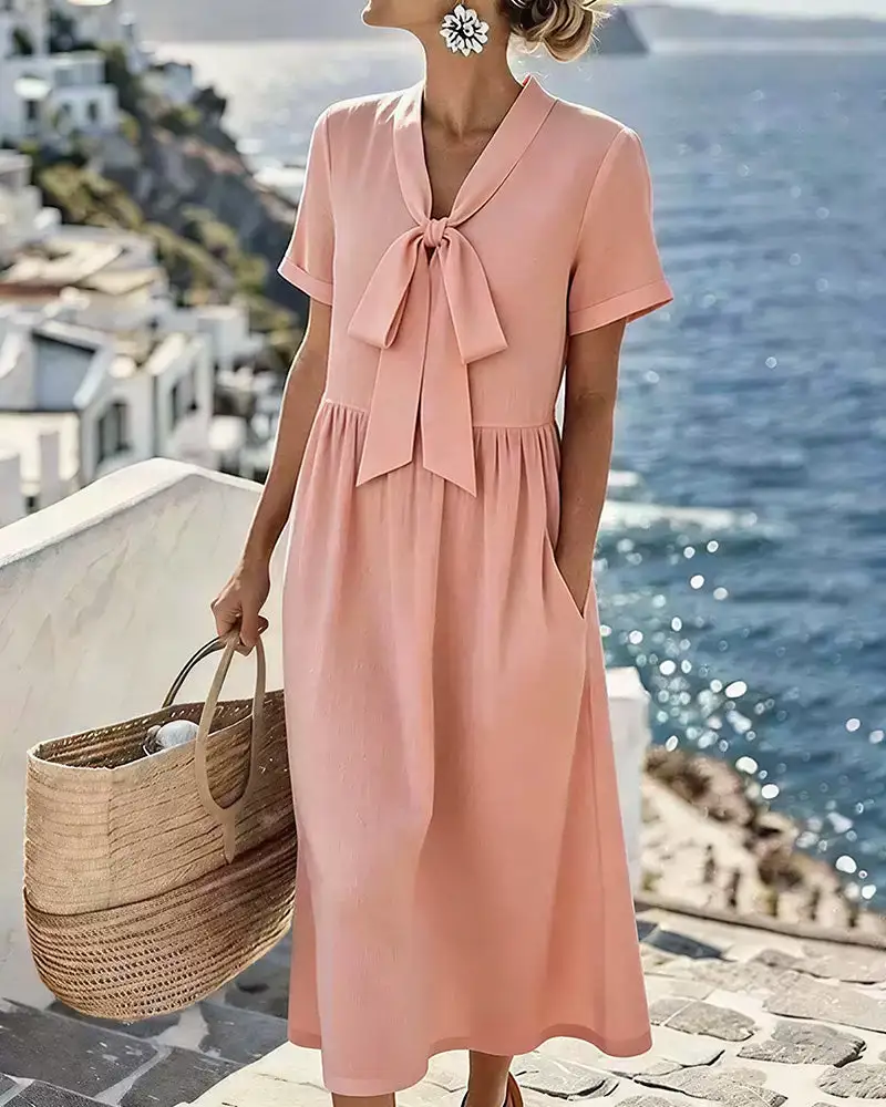 Elegant V-Neck Tie-Front Short Sleeve Midi Dress