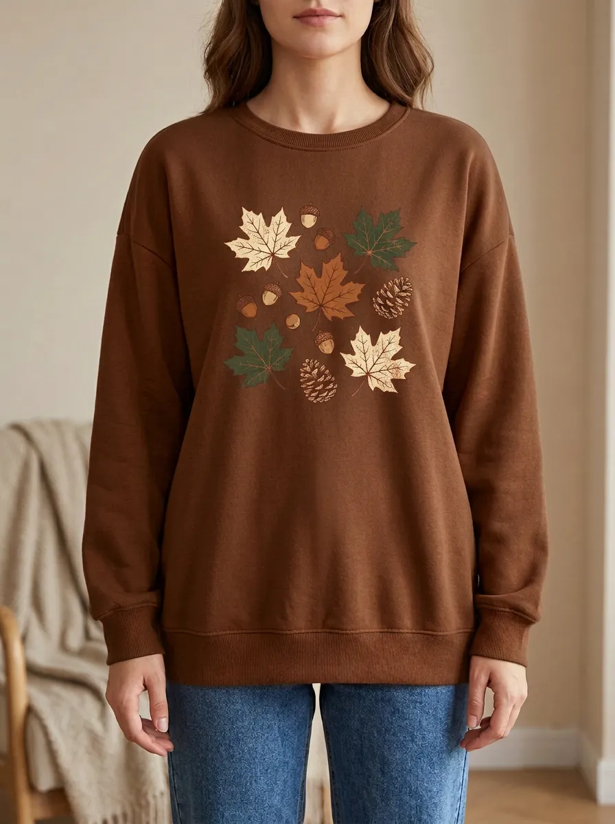 Printed Acorn Pinecone Graphic Sweatshirt