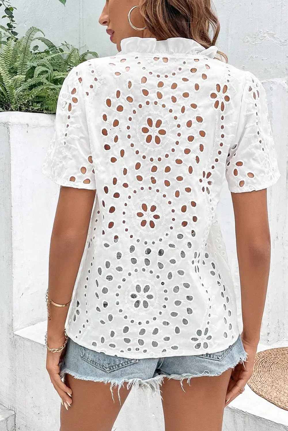 Geometric Print Embroidered Openwork Blouse