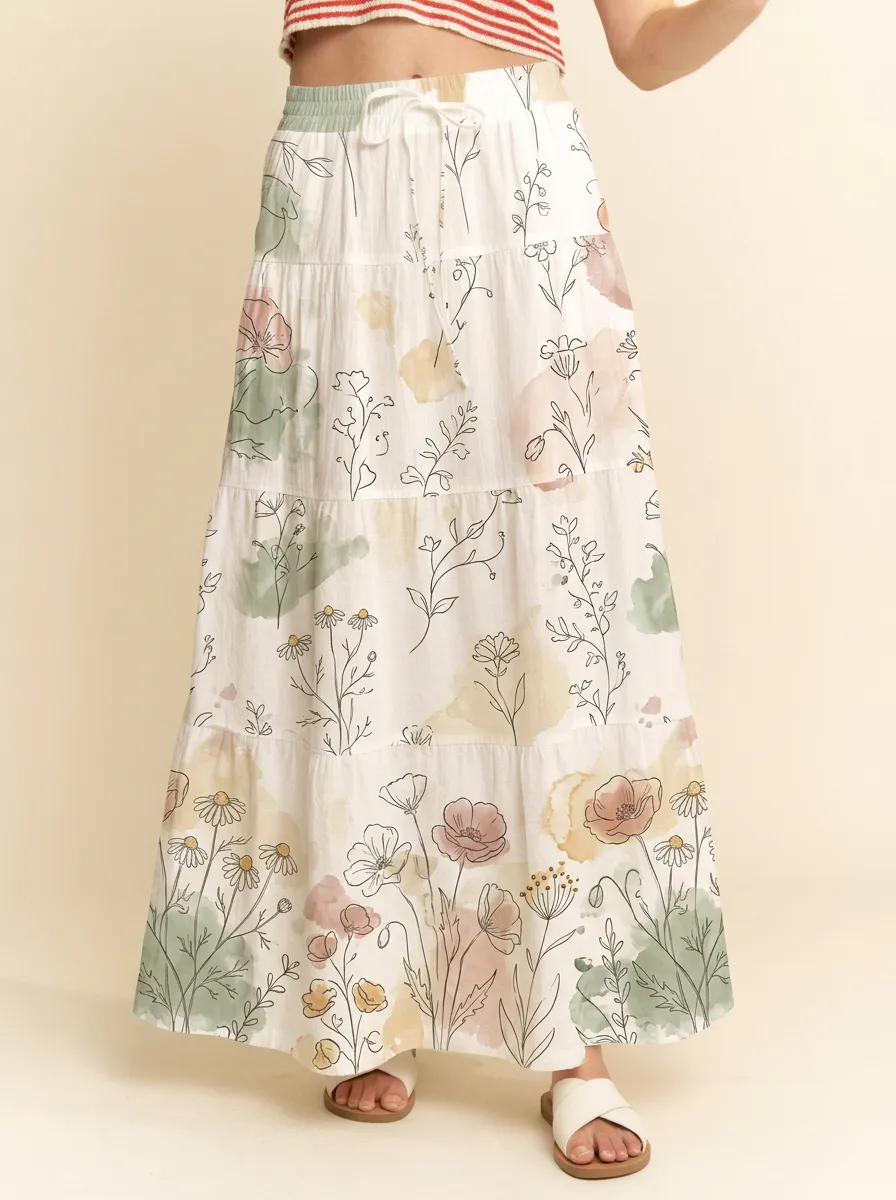 Women's Boho Floral Lover Watercolor Wildflower Printed Maxi Skirt