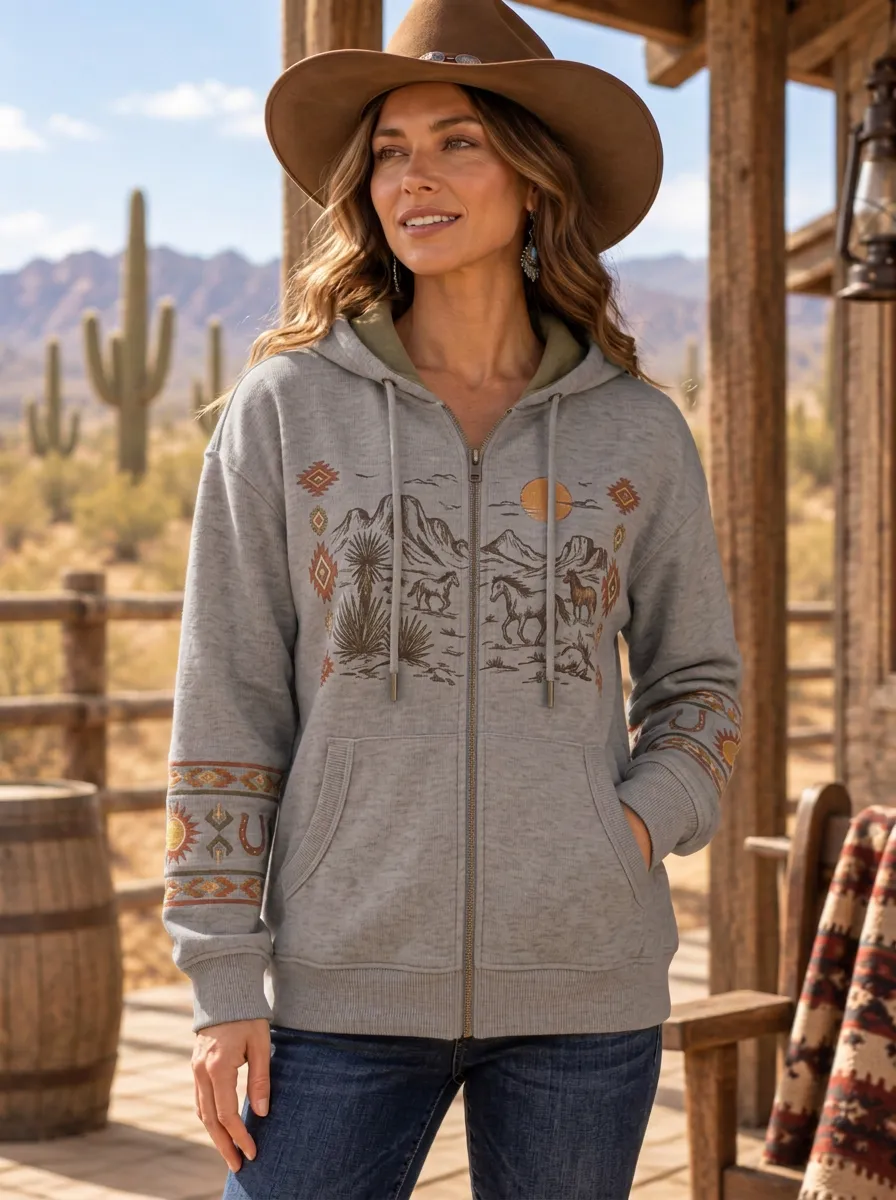 Women's Western Desert Horse Cactus Printed Zip-up Hoodie