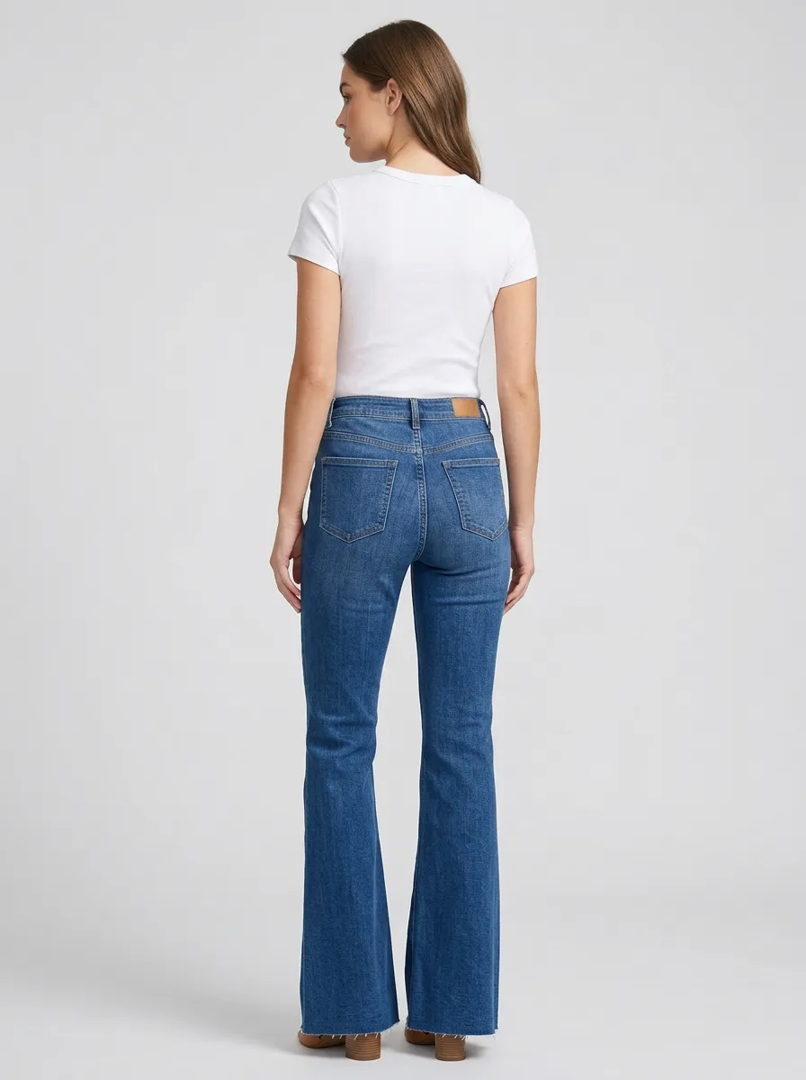 Women's High-Rise Vintage Wash Raw Hem Flare Jeans