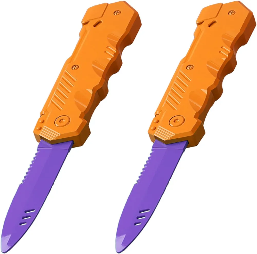 Retractable Plastic Toy Knives - 2 Pack - Safe and Fun for Kids and Adults - Great for Halloween, Cosplay, Magic Tricks and More - Green Handle Purple Blade