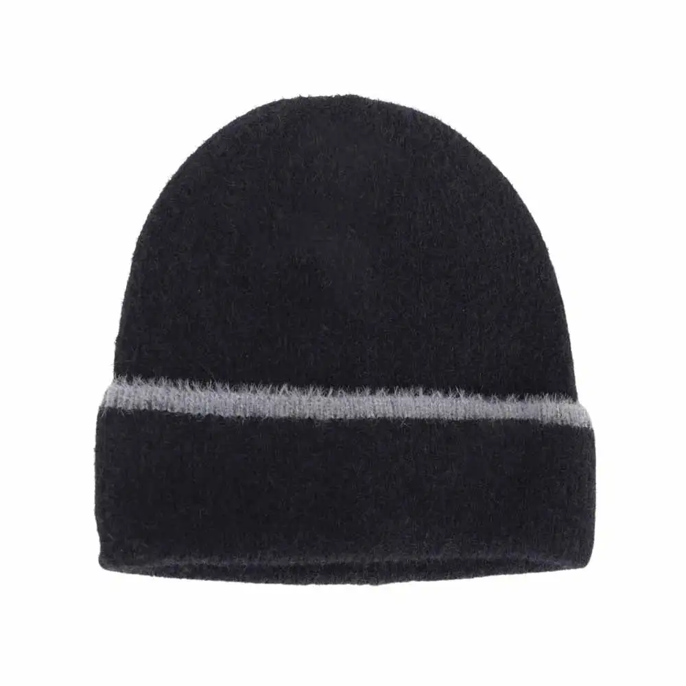 Soft Feather Yarn Striped Cuff Beanie