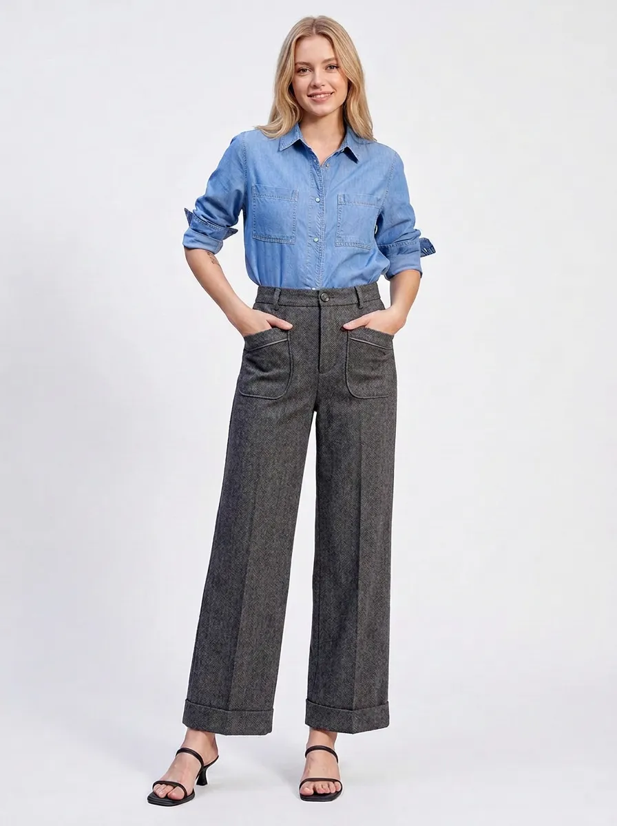 Women's Casual Fashion Herringbone Pattern Printed Wide Leg Trousers