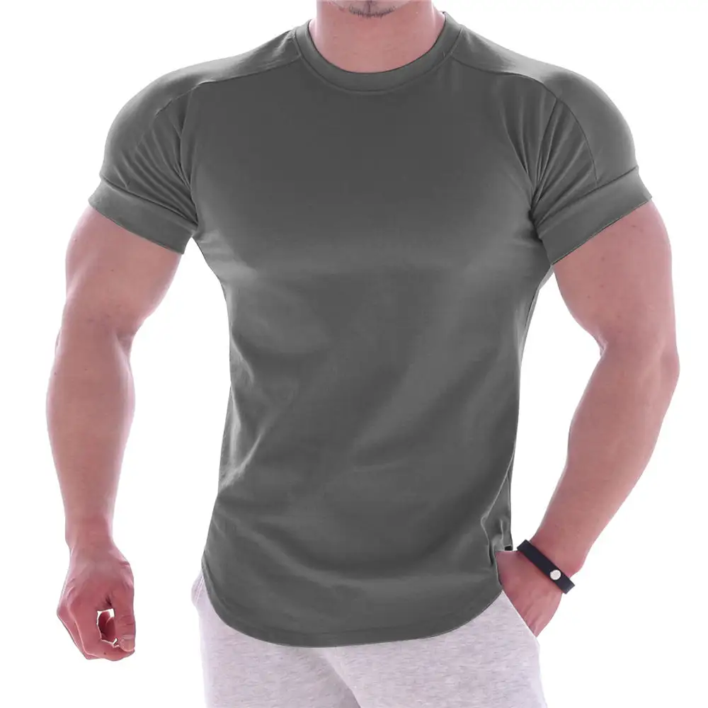 Men's Body-hugging Short-Sleeve Shirt Cotton-elastane Mix With Round Neckline And Rounded Hem