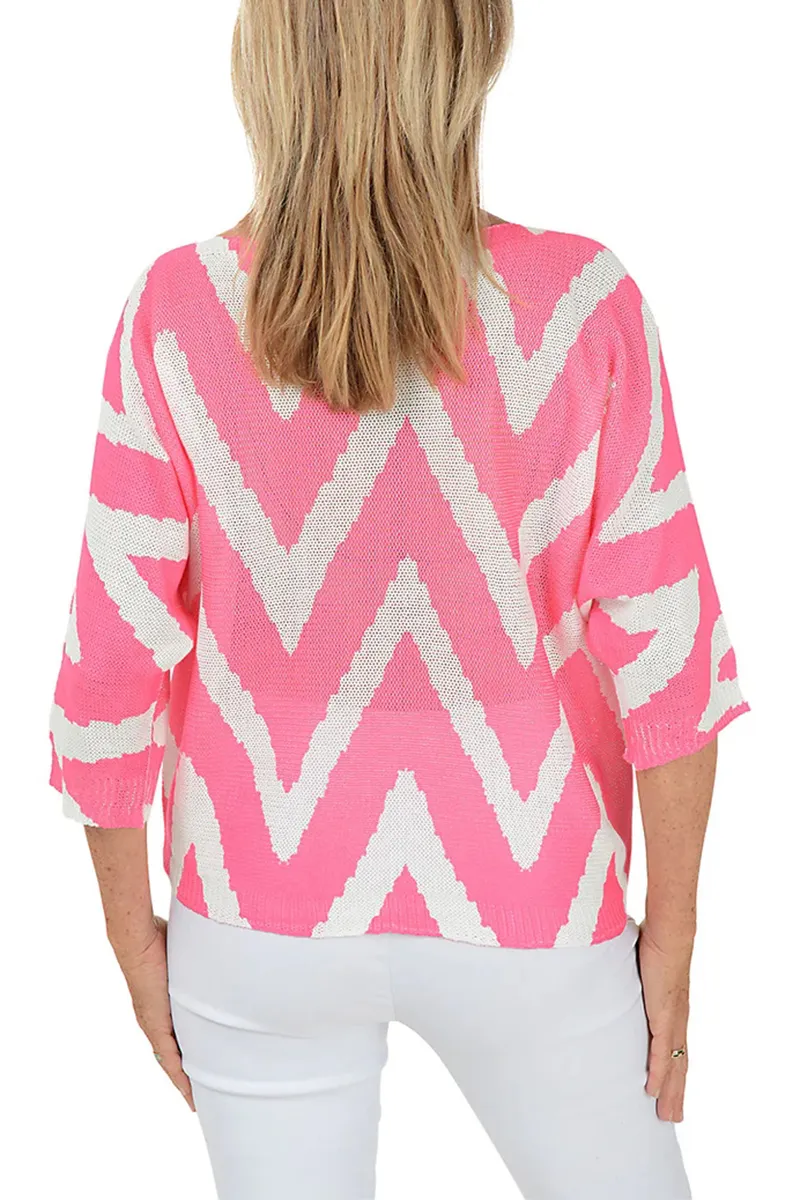 Pink Zig Zag 3/4 Sleeve Lightweight Sweater