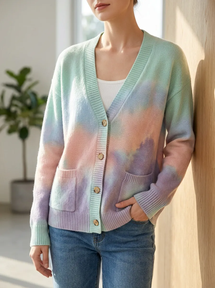 Women's Pastel Tie-Dye Pattern Printed Button Front Casual Layering Cardigan