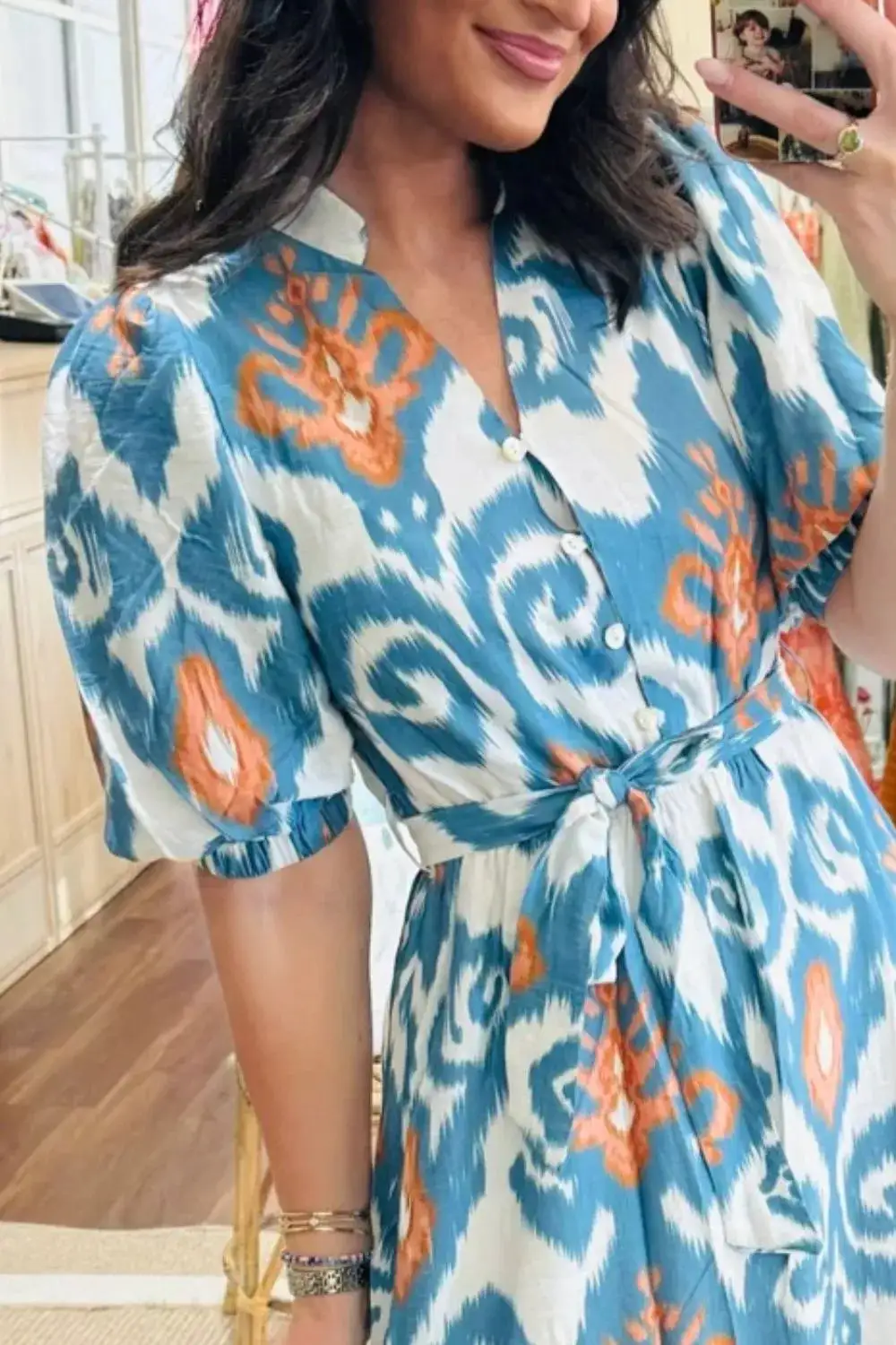 Short Puff Sleeve Button Down Ruffle Hem Midi Dress