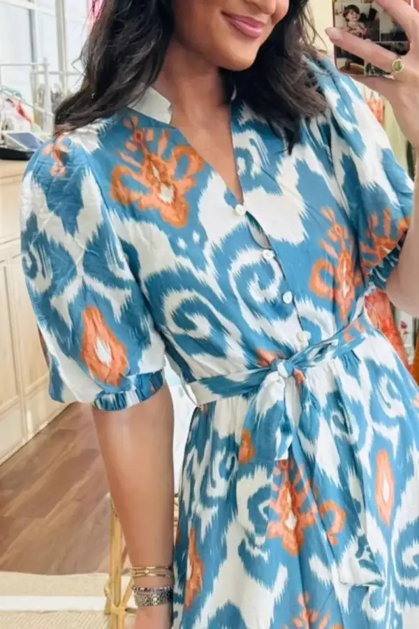 Short Puff Sleeve Button Down Ruffle Hem Midi Dress