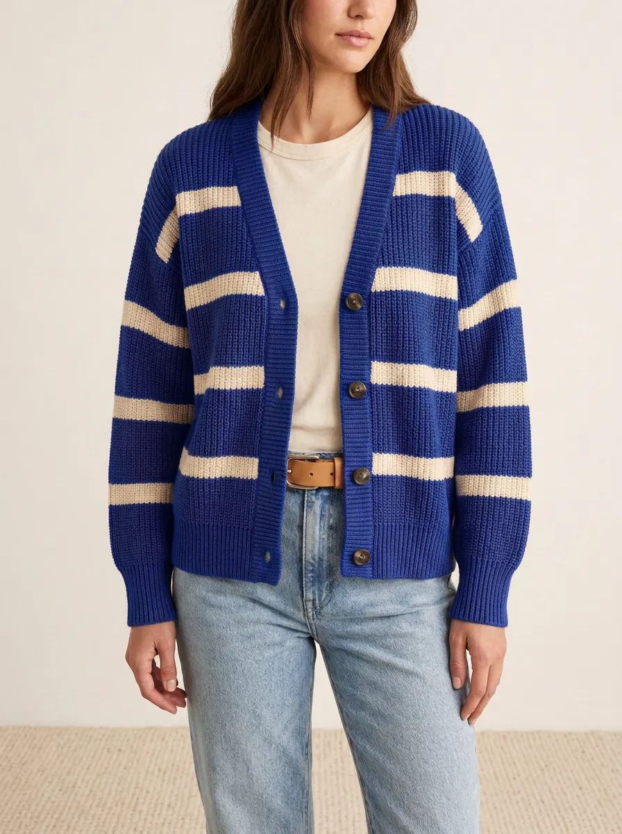 Varsity Inspired Distinctive Rugby Striped Knit Cardigan