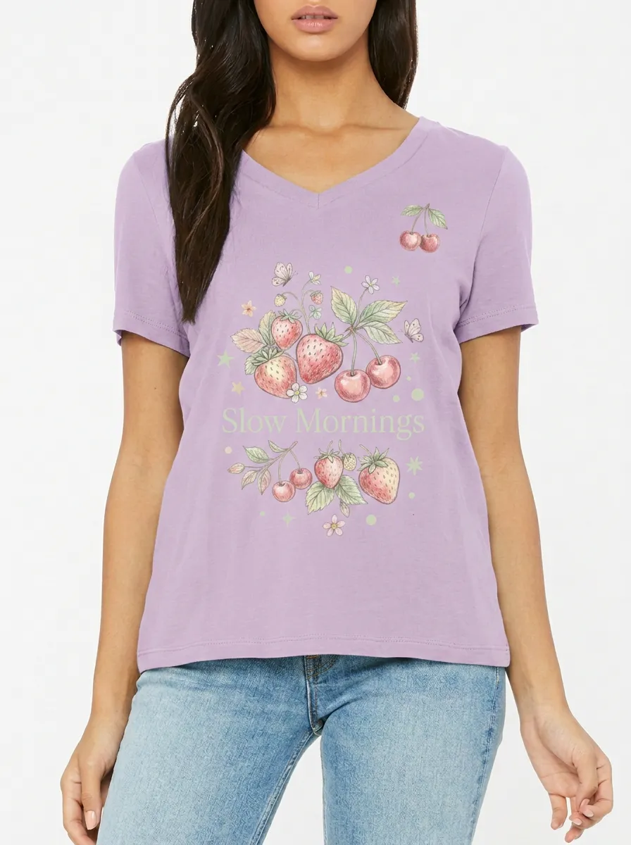Women's Slow Mornings Strawberry Cherry Butterfly Printed V-neck T-shirt