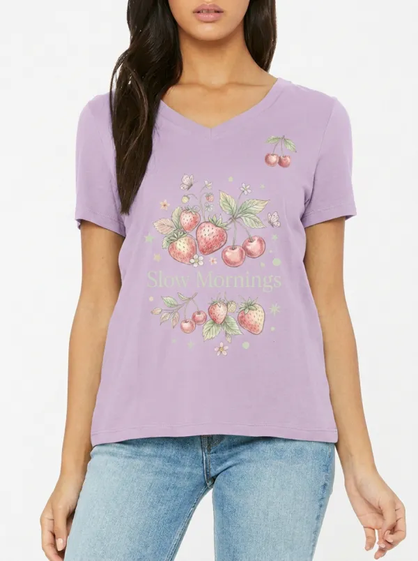 Women's Slow Mornings Strawberry Cherry Butterfly Printed V-neck T-shirt