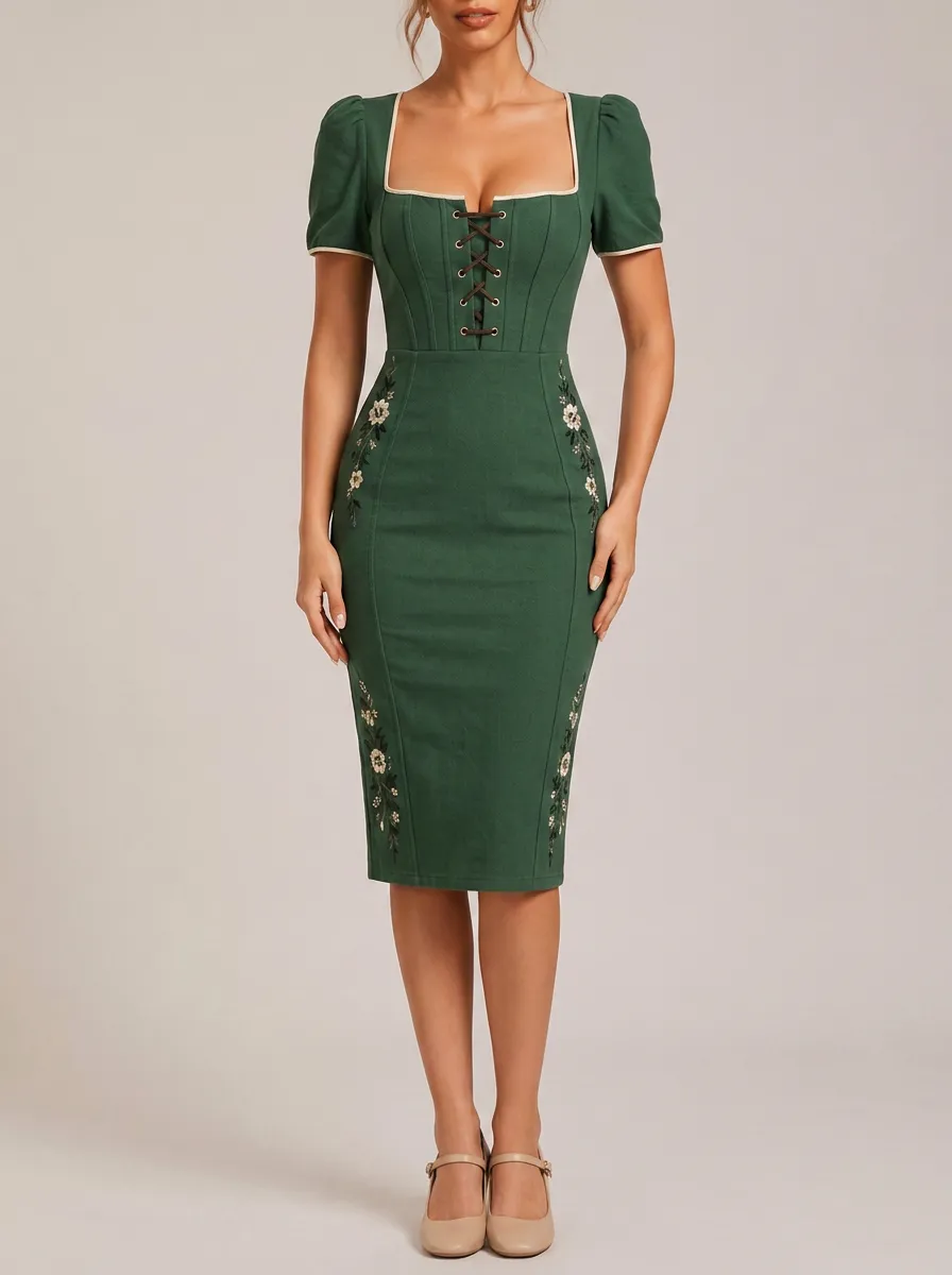 Women's Lace-Up Floral Embroidered Fitted Dress