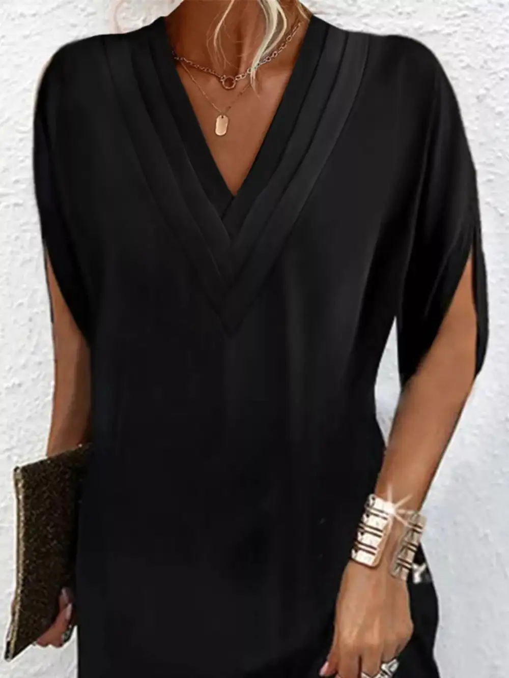 V Neck Slit Mini Dress