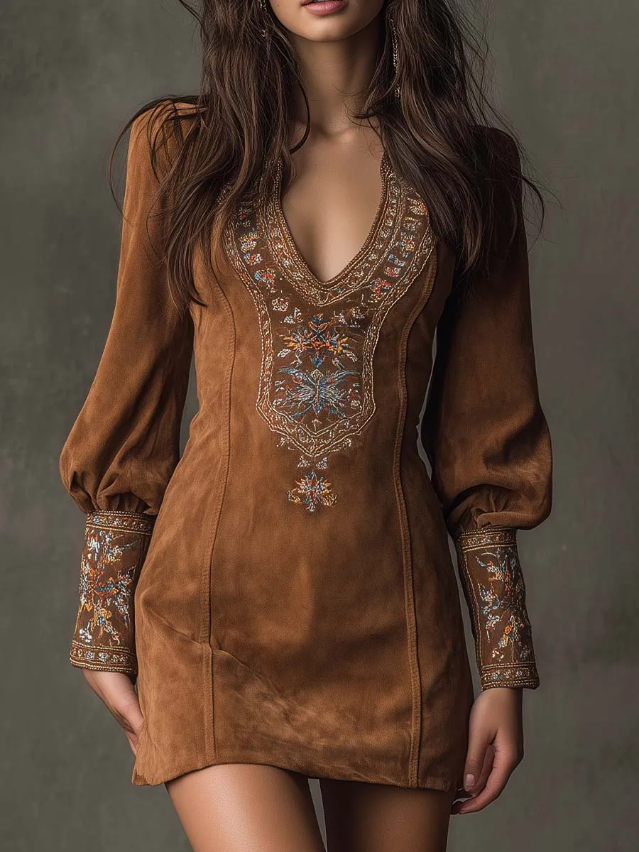 Vintage Suede Embroidered Mini Dress With Long Sleeves