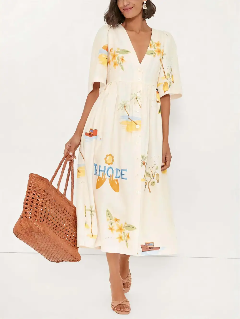 Folk Floral Print Puff Sleeve Midi Dress
