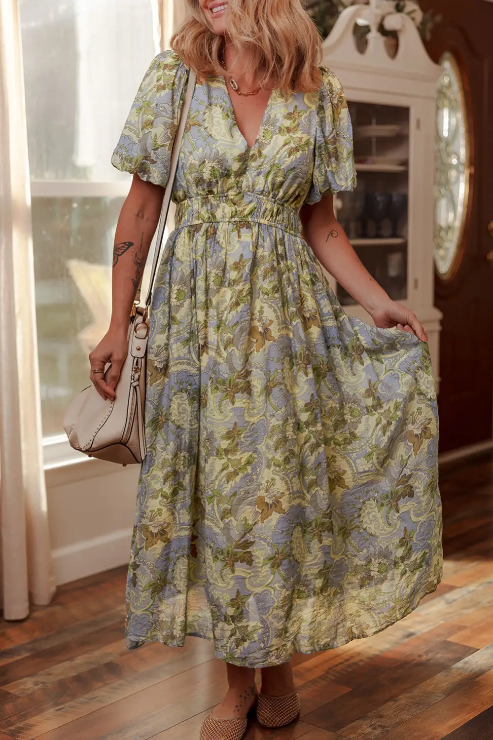 Maxi Multicolour Vintage Floral V Neck Short Puff Sleeve