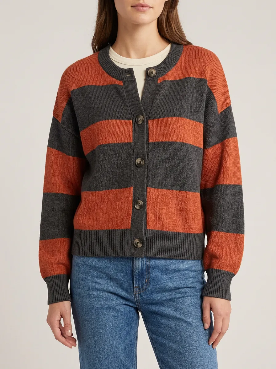 Classic Striped Distinctive Rugby Striped Knit Cardigan