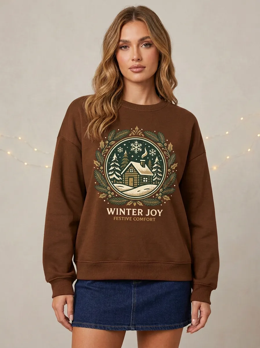 Christmas Winter Joy Cabin Pine Wreath Print Sweatshirt