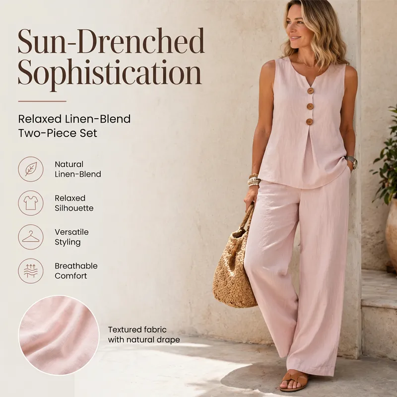 🌿Women's Natural Linen-Blend Sleeveless Button Top and Loose Pants Set