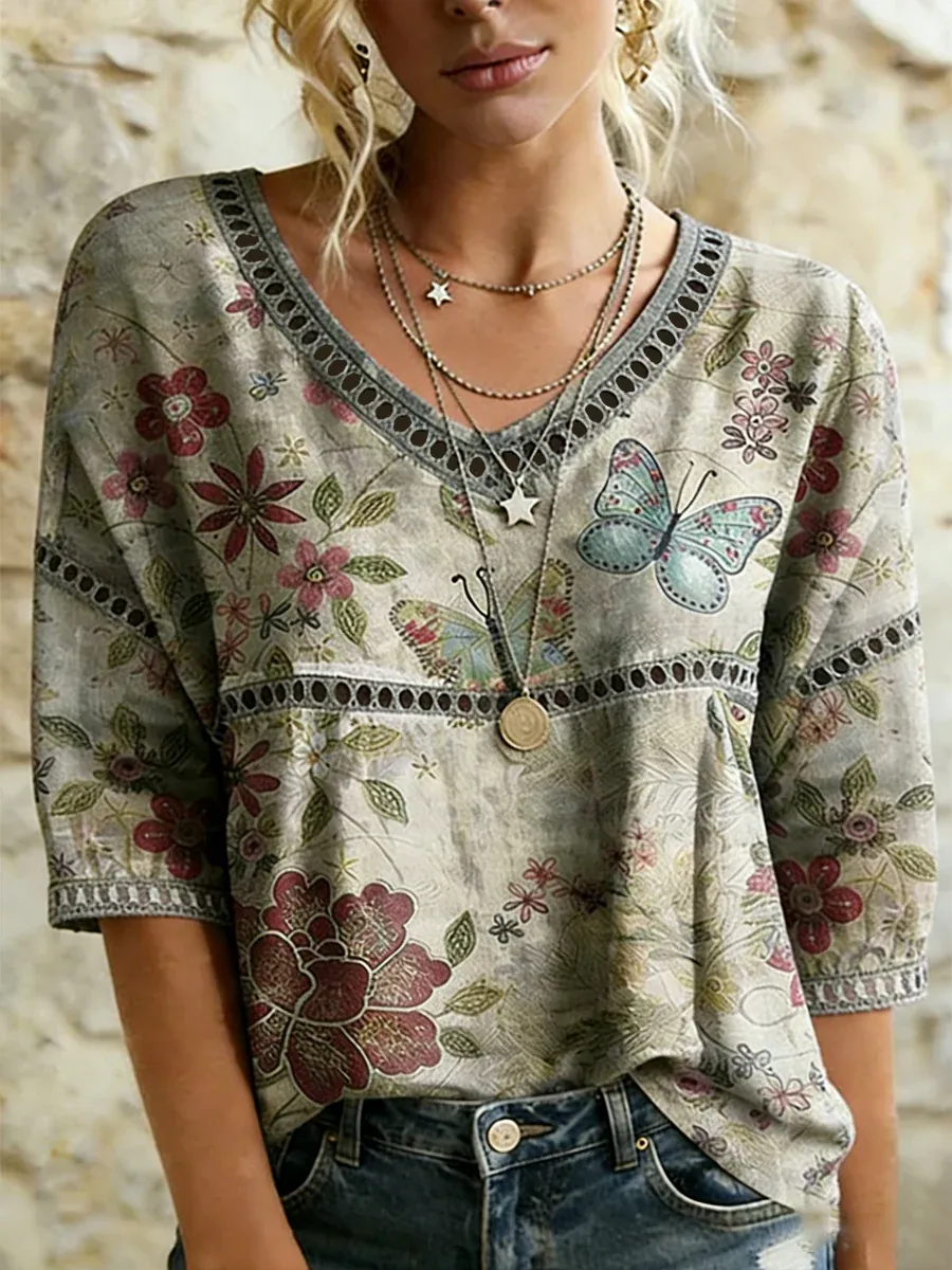 Women's Vintage Western Plants Flowers Print V-Neck Casual Top