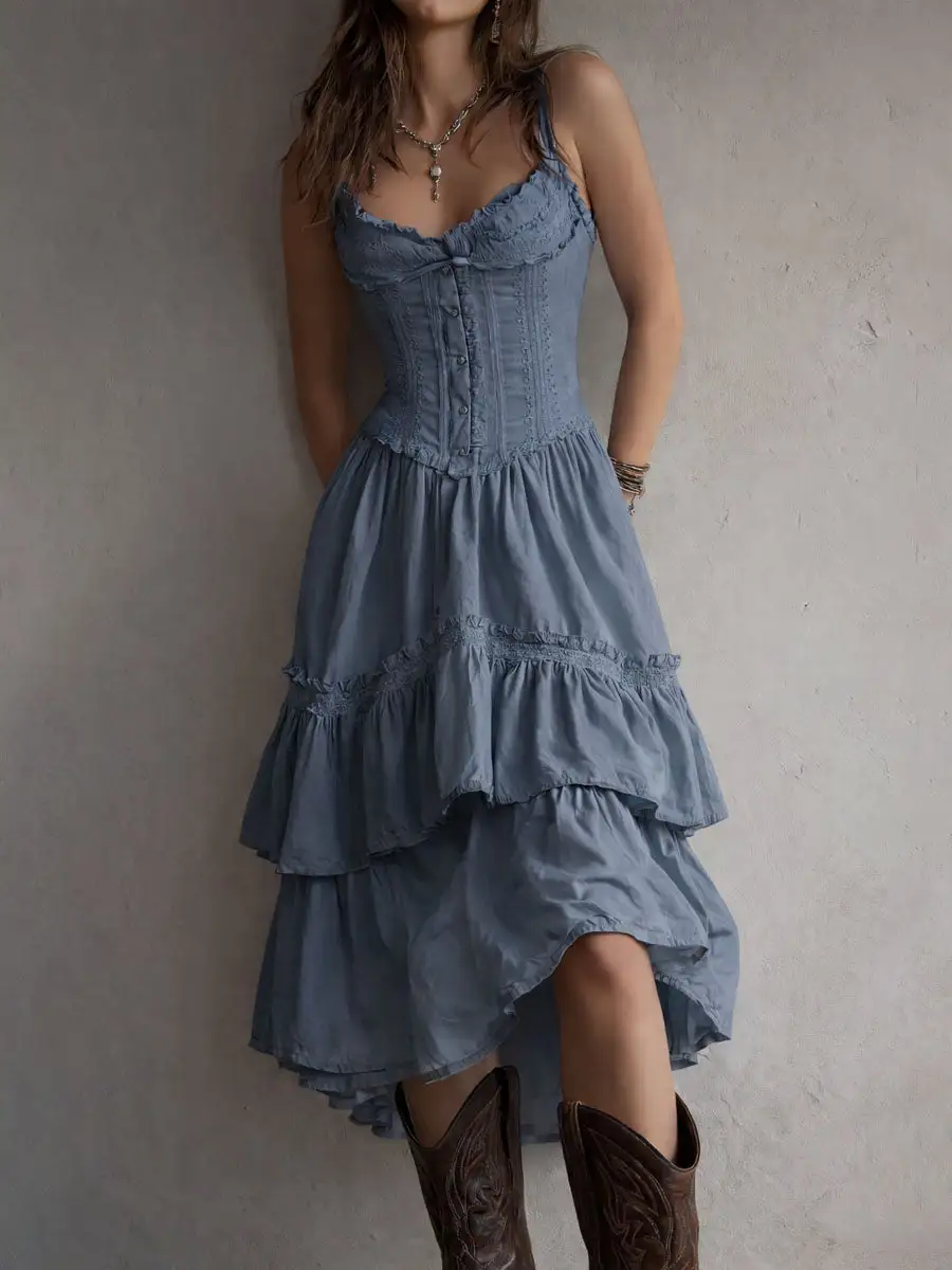 Retro Boho Corset Tiered Midi Dress With Lace-Trim