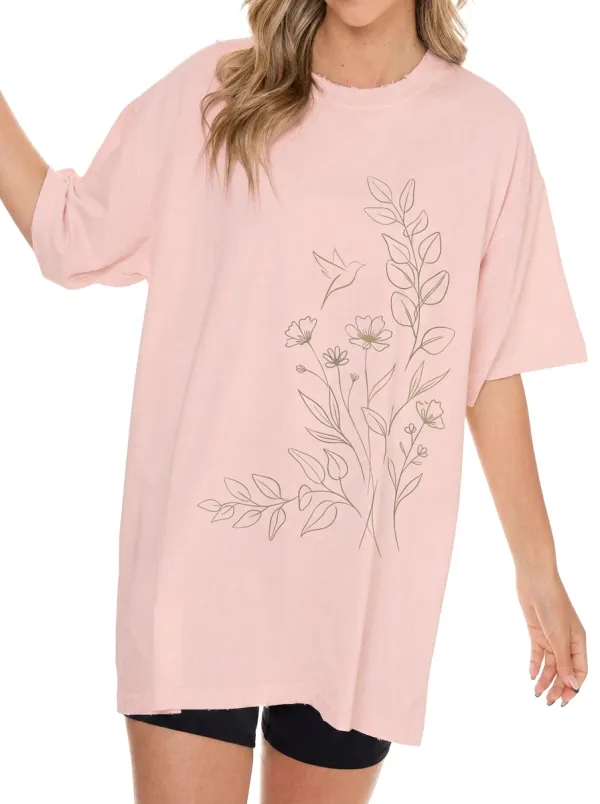 Women's Nature Lover Hummingbird Floral Line Art Printed T-shirt