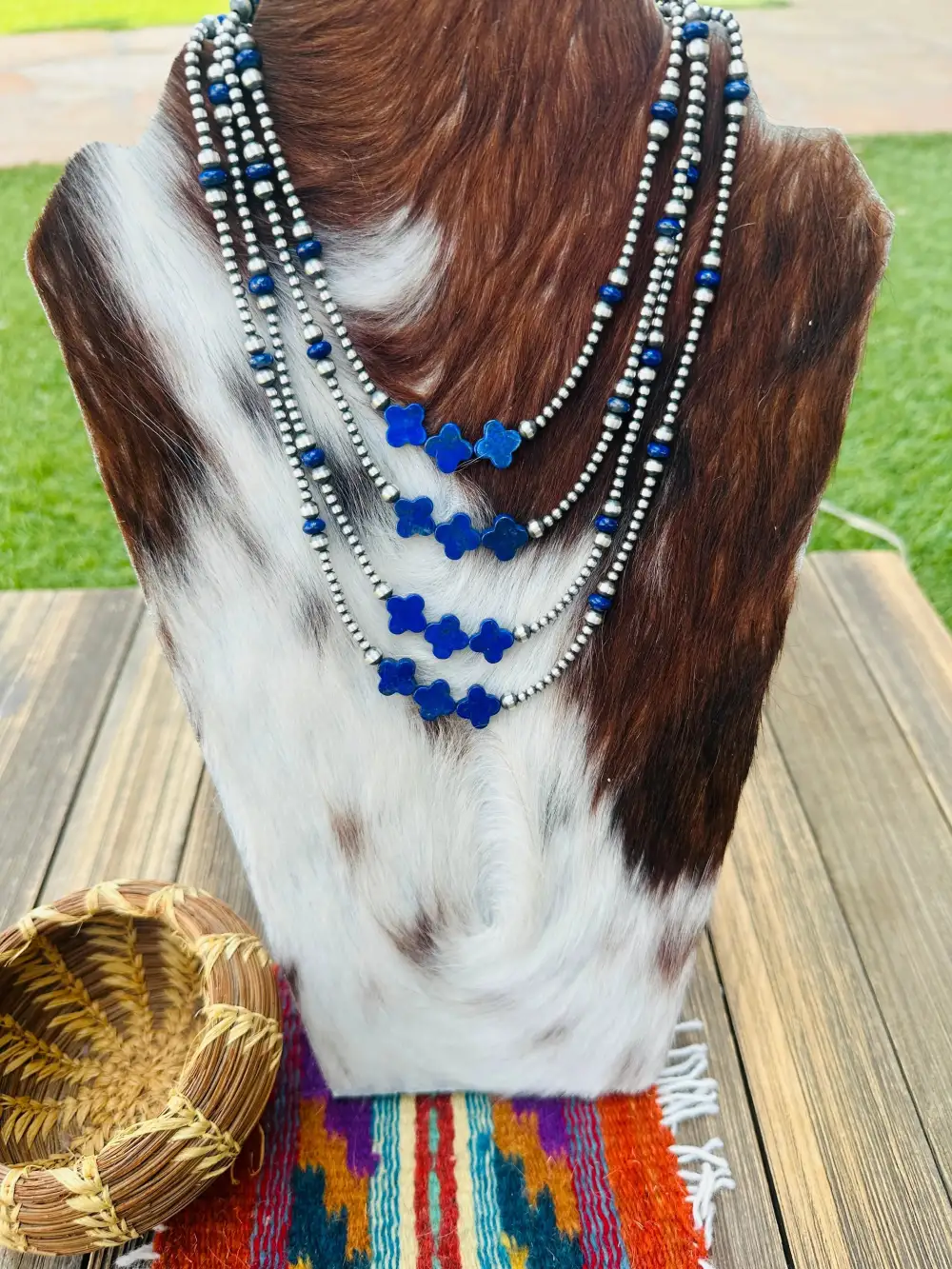 Cross Beaded Pearl Lapis Sterling Silver Necklace