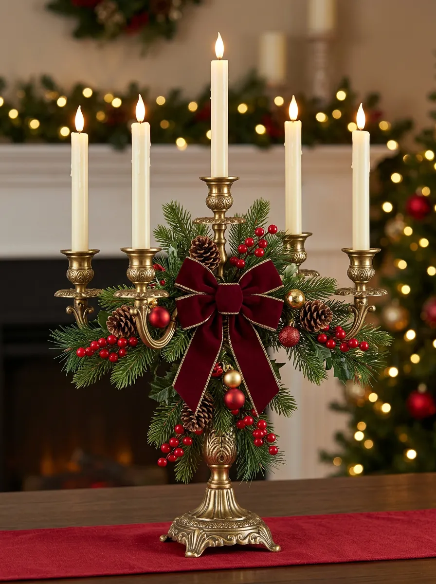 Ornamental Pinecone Berry Bow Candelabra